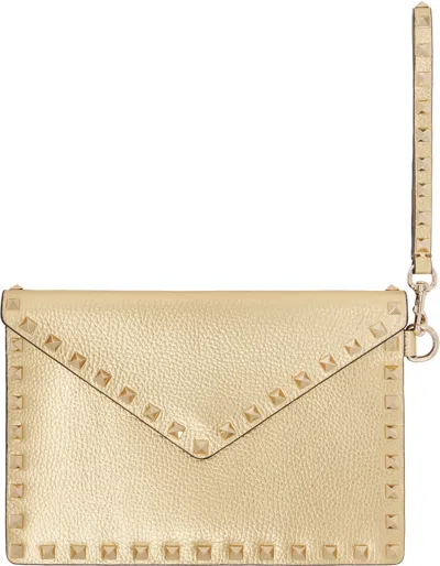 Valentino Garavani Gold Rockstud Laminated Grainy Calfskin Pouch In Brown
