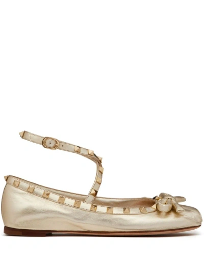 Valentino Garavani Gold Rockstud Leather Ballet Pumps