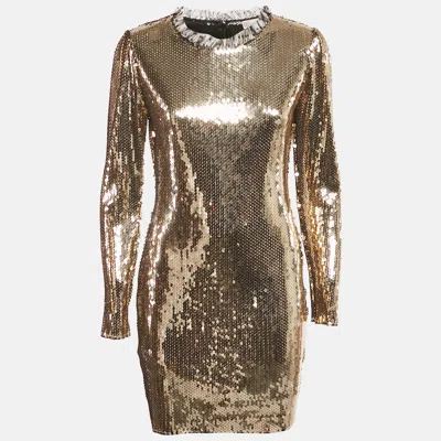 Pre-owned Valentino Gold Sequin Jersey Long Sleeve Mini Dress Xl
