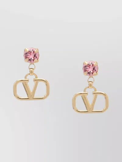 Valentino Garavani Gold Vlogo Stud Earrings Pink Swarovski
