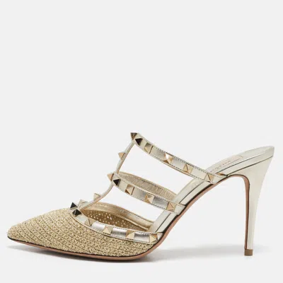 Pre-owned Valentino Garavani Gold Woven Lurex Fabric Rockstud Heel Mules Size 40.5
