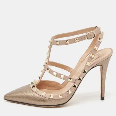 Pre-owned Valentino Garavani Gold/beige Leather Rockstud Ankle Strap Pumps Size 38