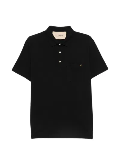 Valentino Gold-tone Vlogo Piqué Polo In Black