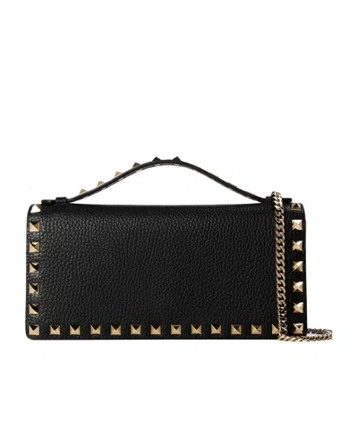 Valentino Garavani Grained Leather Clutch Decorated In Black
