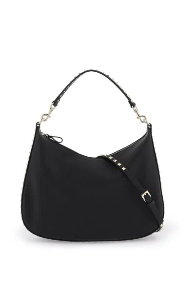 Valentino Garavani Grained Leather 'rockstud' Hobo Bag In Black