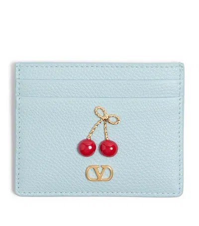 Valentino Garavani Grained Leather Vlogo Signature Cherry Card Holder In Blue