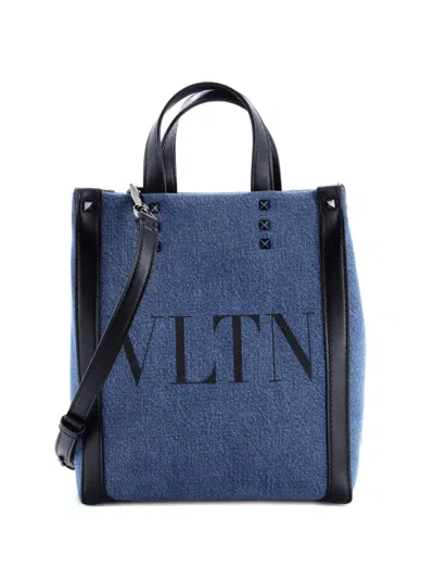Pre-owned Valentino Garavani Grande Plage Vltn Tote Denim Mini Crossbody Bag In Blue