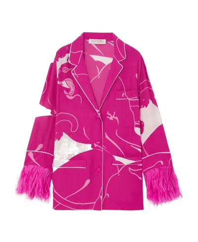 Valentino Graphic-print Feather-trim Shirt In Pink
