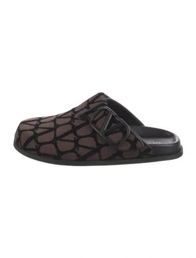 Pre-owned Valentino Garavani Graphic Print Leather Trim Embellishment Mules W/ Tags In Brown