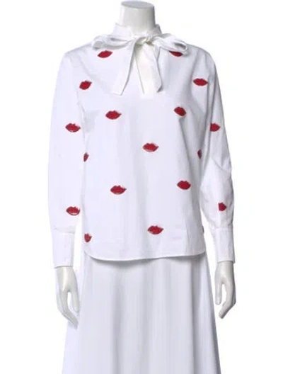 Pre-owned Valentino Graphic Print Tie Neck Blouse In White