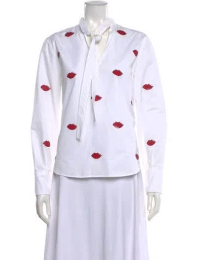 Pre-owned Valentino Graphic Print Tie Neck Blouse In White