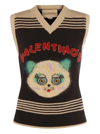 Valentino Cat Motif Wool Sleeveless Vest In Black