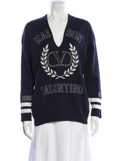 Pre-owned Valentino Graphic Print V-neck Sweater In Blue