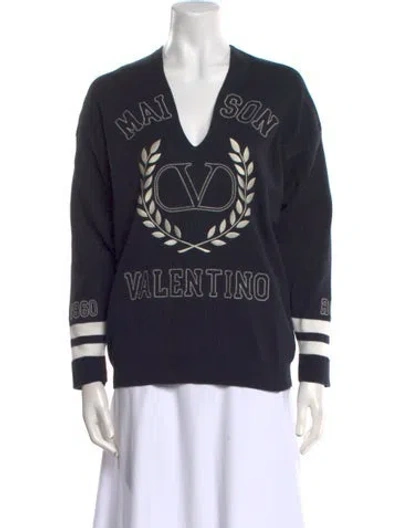Pre-owned Valentino Graphic Print V-neck Sweatshirt In Blue