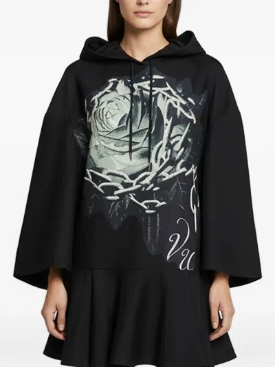Pre-owned Valentino Graphic-print Hooded Mini Dress In Black