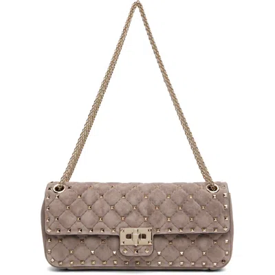 Valentino Garavani Gray Rockstud Spike Suede Medium Shoulder Bag In 4an Warm Grey