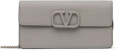 Valentino Garavani Gray Vlogo Signature Grainy Calfskin Wallet Bag