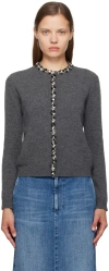 Valentino Wool Cardigan With Embroidered Trim In J73 Grigio Scuro Mel