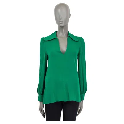 Pre-owned Valentino Green 2022 Spread Collar Deep V-neck Silk Georgette Blouse Shirt 40 S