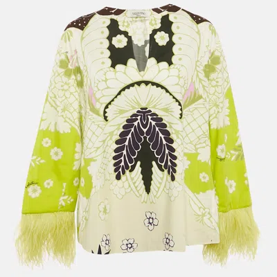 Pre-owned Valentino Green Arazzo Print Cotton Poplin Feather Detail Blouse M