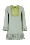 Valentino Lace Bead Sequined Bow Ruffled Hem Mini Dress In Green