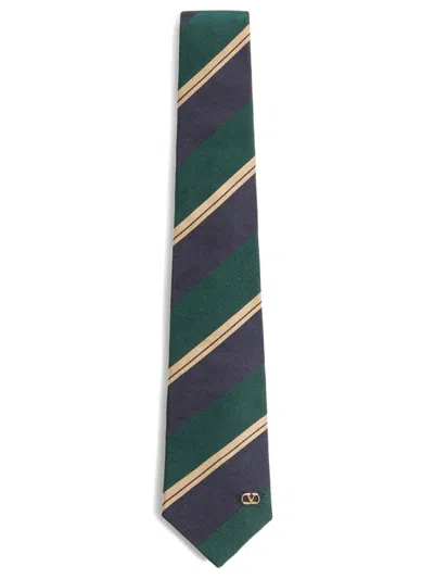Valentino Garavani Green Blue Stripes Logo Tie In Multi