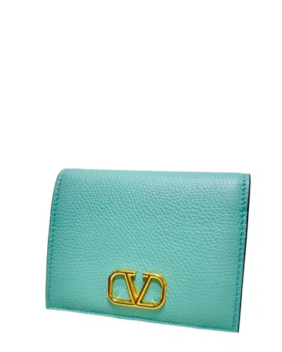 Pre-owned Valentino Garavani Valentino Green Calfskin Metal Logo Signature Bifold Wallet (authentic Pre-  Loved)
