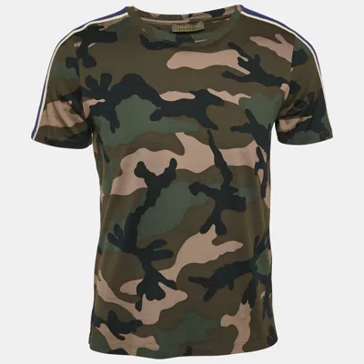 Pre-owned Valentino Green Camouflage Print Cotton Shoulder Stripe Detail T-shirt S