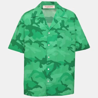 Pre-owned Valentino Green Camouflage Print Poplin Camp Shirt L