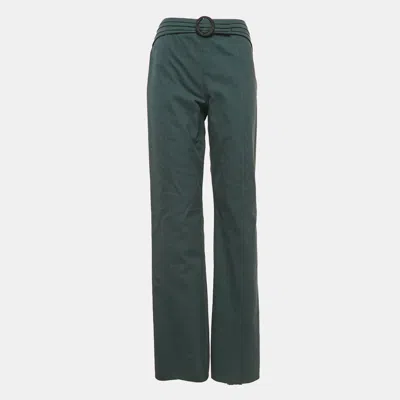 Pre-owned Valentino Green Cotton Gabardine Buckle Detail Wide-leg Trousers L
