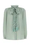 Valentino Crepe Shirt With High Neck And Ruffled Neckline In Green