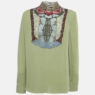 Pre-owned Valentino Green Embroidered Detail Silk Blouse L