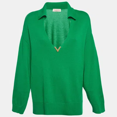 Pre-owned Valentino Green Knit Cashmere Plunge Neck Jumper M
