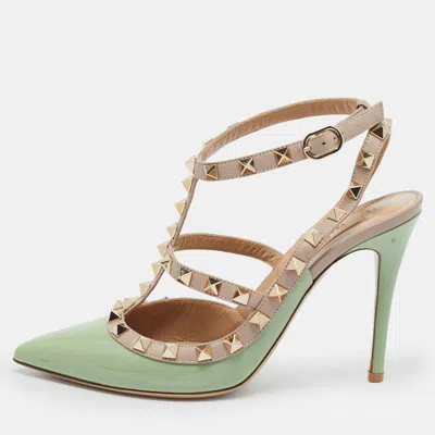 Pre-owned Valentino Garavani Green Leather And Patent Leather Rockstud Pumps Size 36.5