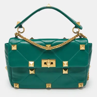 Pre-owned Valentino Garavani Green Leather Large Roman Stud Flap Shoulder Bag