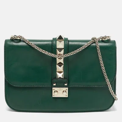 Pre-owned Valentino Garavani Green Leather Medium Rockstud Glam Lock Flap Bag