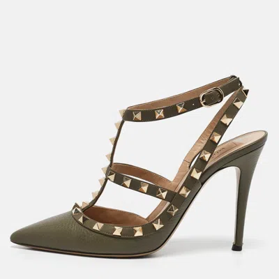 Pre-owned Valentino Garavani Green Leather Rockstud Caged Pumps Size 39