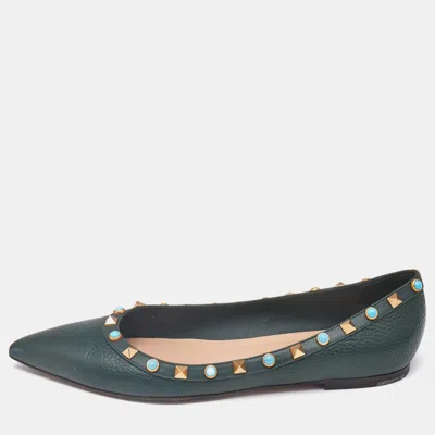 Pre-owned Valentino Garavani Green Leather Rolling Rockstud Ballet Flats Size 38