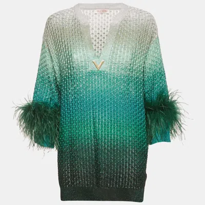 Pre-owned Valentino Green Ombre Ostrich Feather Trim Lurex Knit Mini Dress Xs