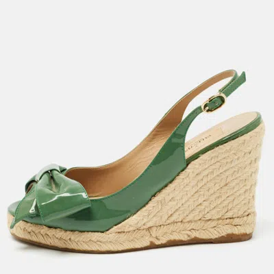 Pre-owned Valentino Garavani Green Patent Leather Mena Bow Espadrille Wedge Sandals Size 36