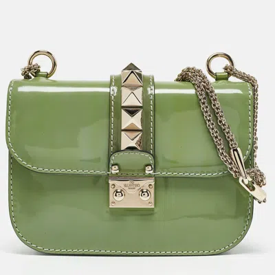 Pre-owned Valentino Garavani Green Patent Leather Small Rockstud Glam Lock Flap Bag