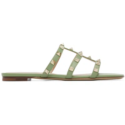 Valentino Garavani Green Rockstud Flat Slide Sandals