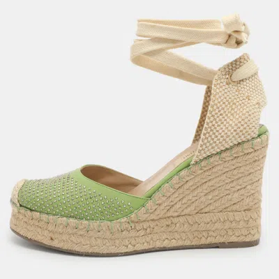 Pre-owned Valentino Garavani Green Studded Leather Espadrille Wedge Ankle Strap Sandals Size 38