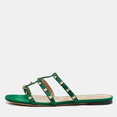Pre-owned Valentino Garavani Green Suede Rockstud Crystal Embellished Flat Slide Sandals Size 40.5