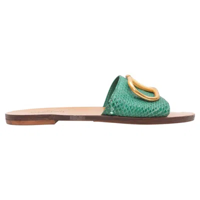 Pre-owned Valentino Garavani Green Valentino Snakeskin Flat Slide Sandals Size 37