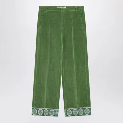 VALENTINO GREEN VELVET TROUSERS WITH JACQUARD HEM