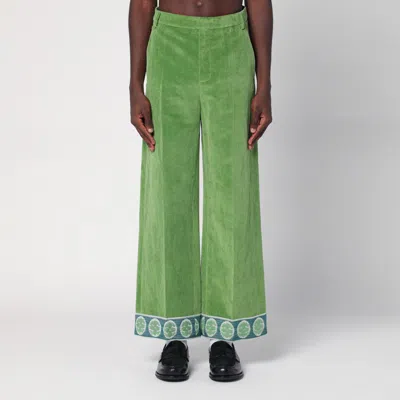 VALENTINO VALENTINO GREEN VELVET TROUSERS WITH JACQUARD HEM