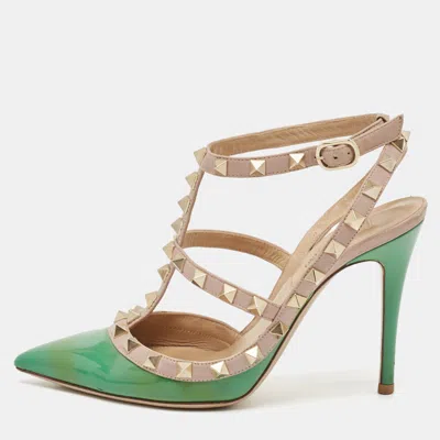 Pre-owned Valentino Garavani Green/beige Leather Rockstud Strappy Pointed Toe Pumps Size 35