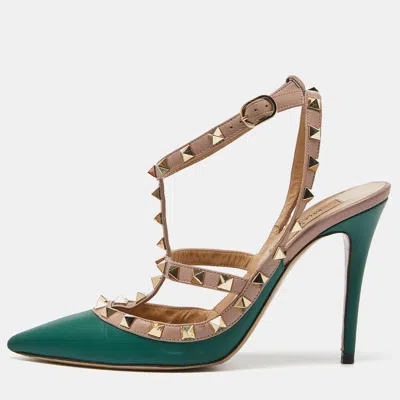 Pre-owned Valentino Garavani Green/beige Leather Rockstud Strappy Pointed Toe Pumps Size 37.5