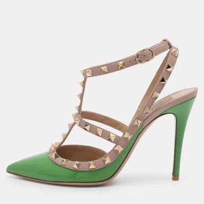 Pre-owned Valentino Garavani Green/beige Patent Leather Rockstud Ankle Strap Pumps Size 38.5